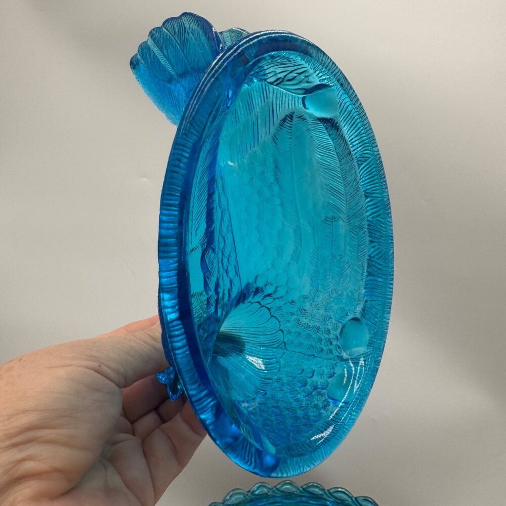 RARE COLOR Vintage LE Smith Horizon Blue Glass Hen On A Nest 6" Blue teal aqua M - Picture 7 of 13